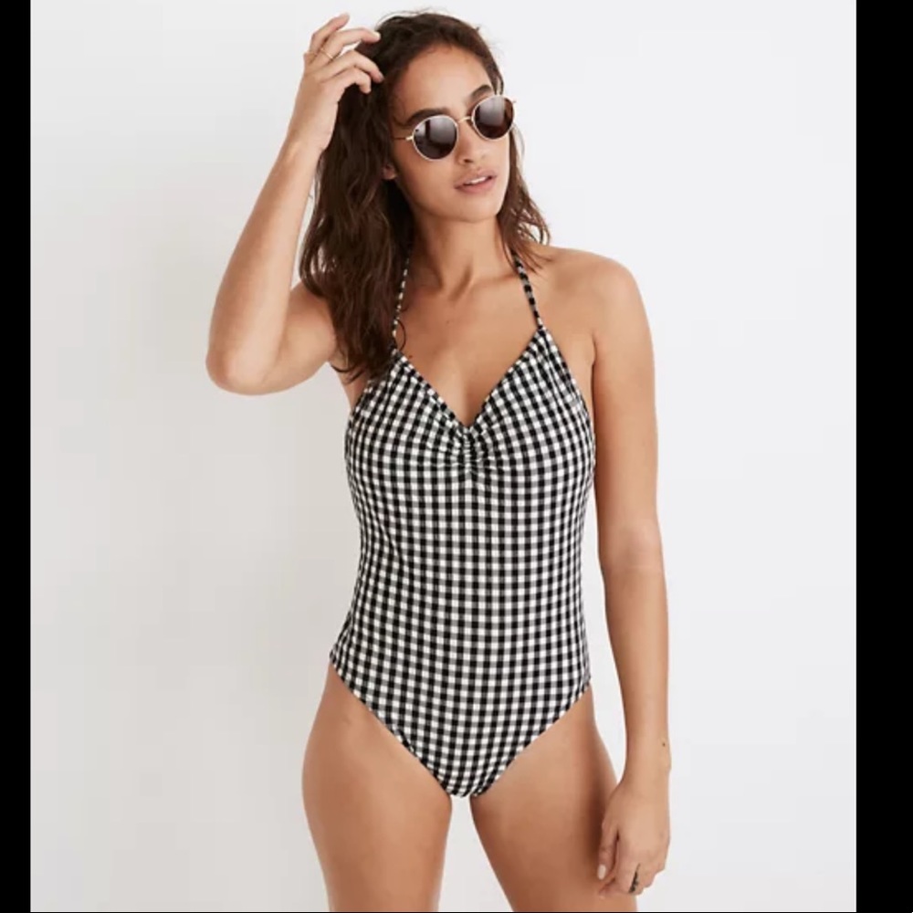 Madewell Black & White Gingham Halter One-Piece Swimsuit